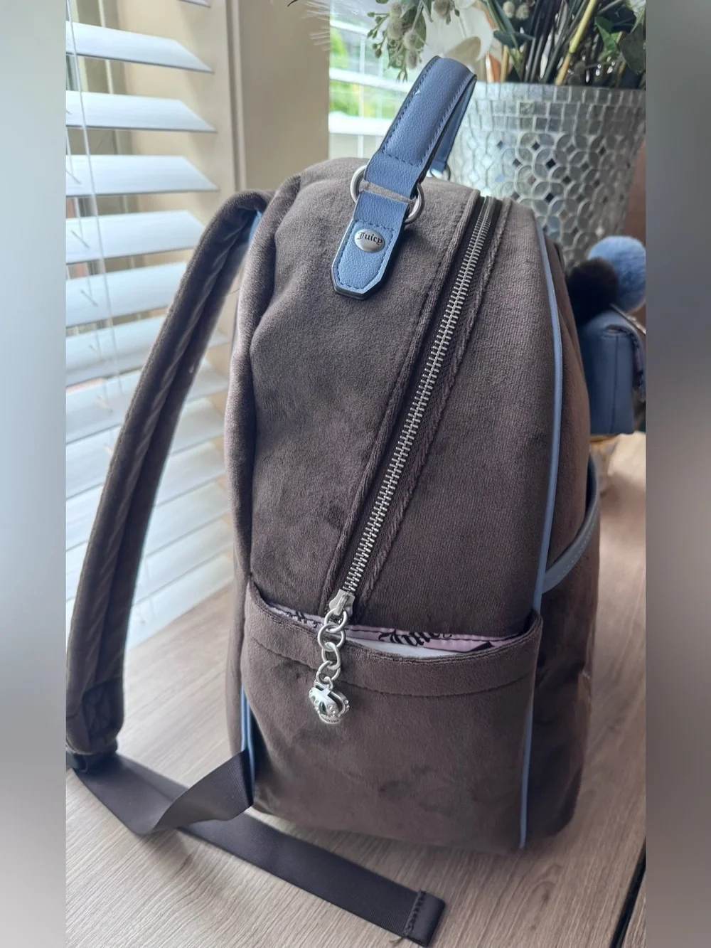 Juicy Couture Brown  Velour Backpack with Light Blue Charm Pouch
